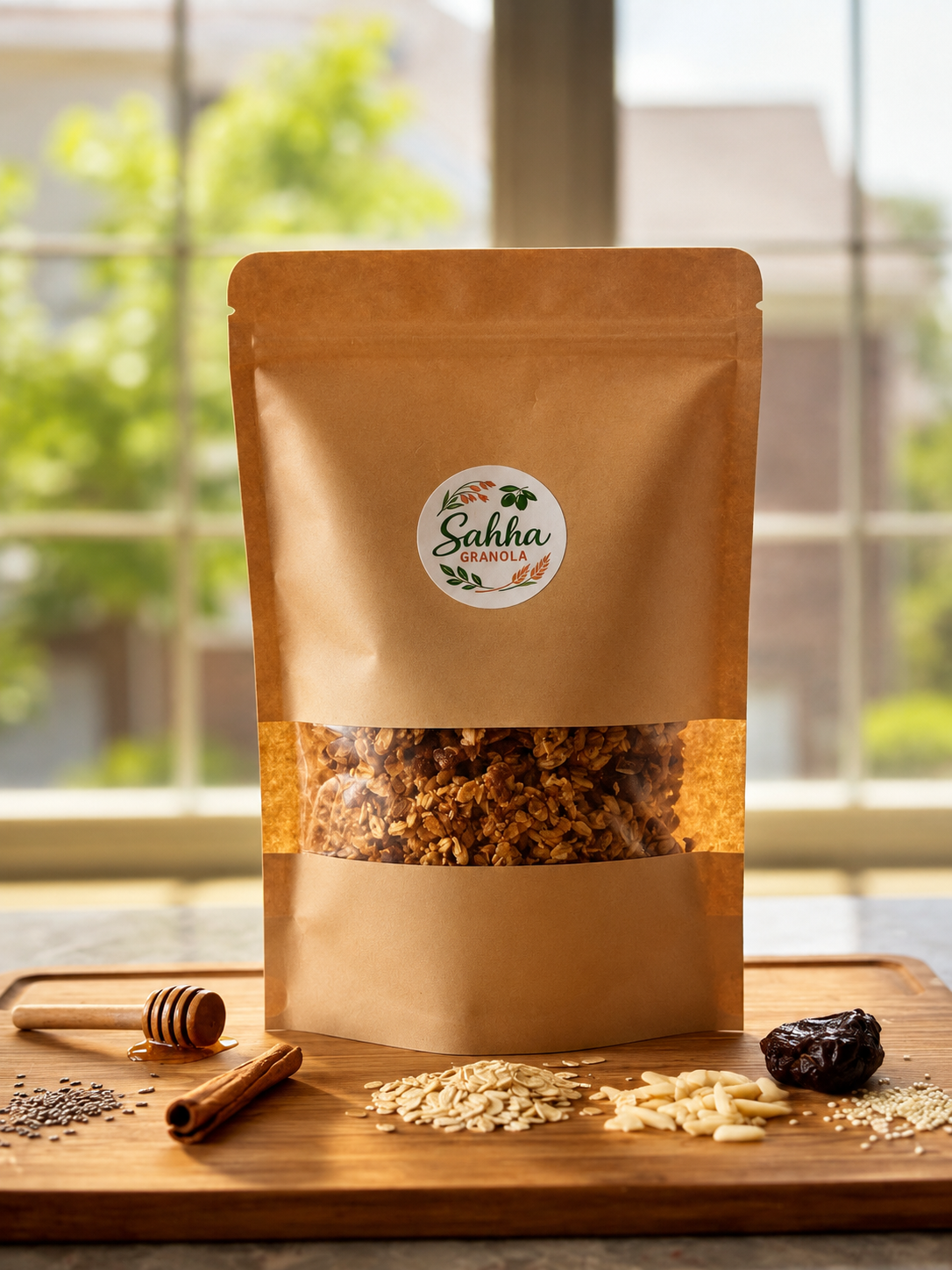 A Sahha granola pouch with dates, oats, almonds, honey, cinnamon, and seeds