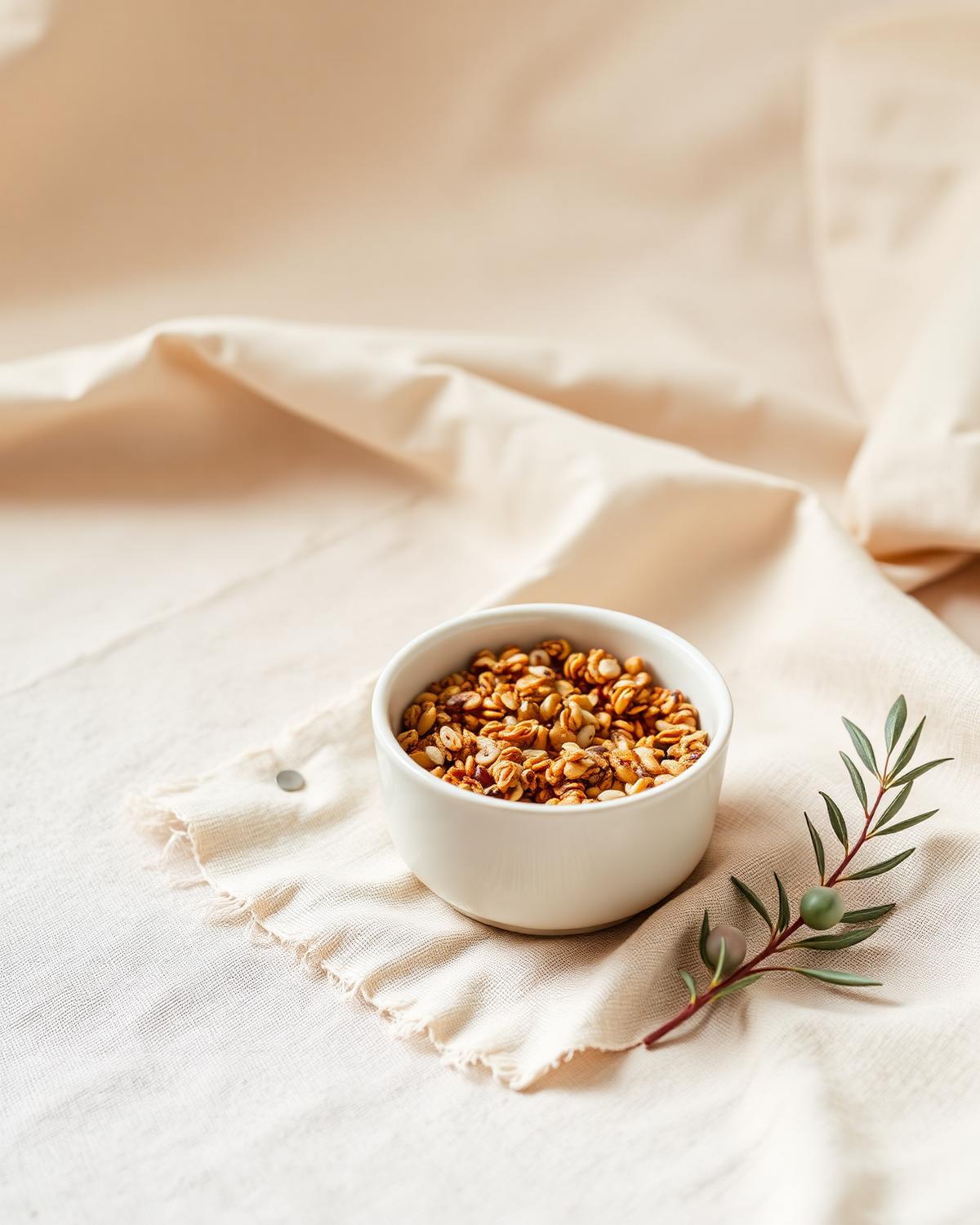 A single bowl of granola on linen with an olive sprig